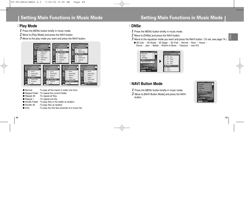 Setting main functions in music mode, Idnse 1, Inavi button mode | Iplay mode, Press the menu button briefly in music mode, Move to [dnse] and press the navi button, Move to [play mode] and press the navi button | Samsung YP-T8Z-XAA User Manual | Page 25 / 47