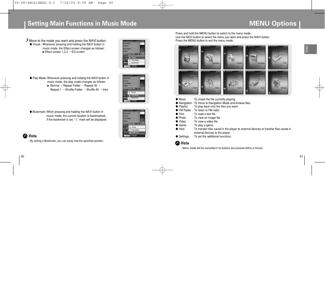 Menu options, Setting main functions in music mode | Samsung YP-T8Z-XAA User Manual | Page 26 / 47