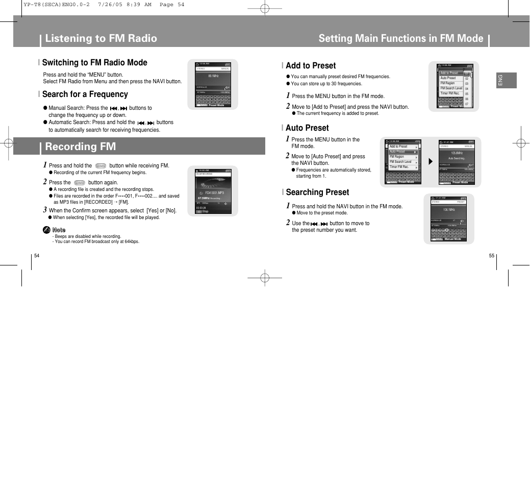 Setting main functions in fm mode, Listening to fm radio recording fm, Iadd to preset 1 | Iauto preset 1, Iswitching to fm radio mode, Isearch for a frequency, Isearching preset | Samsung YP-T8Z-XAA User Manual | Page 28 / 47