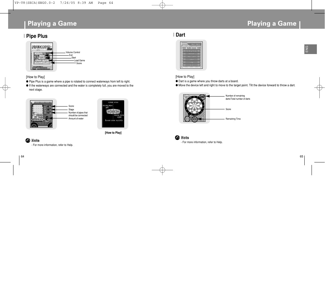 Playing a game, I dart, I pipe plus | Samsung YP-T8Z-XAA User Manual | Page 33 / 47