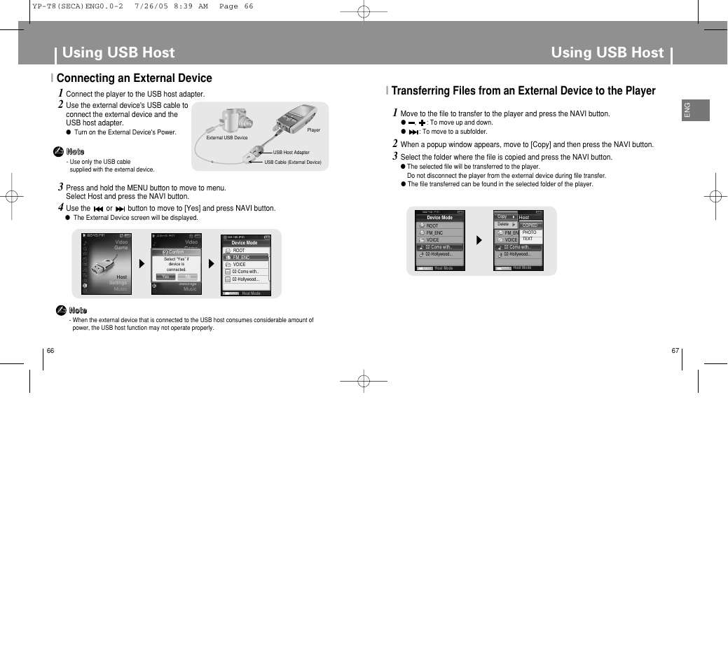 Using usb host, Iconnecting an external device | Samsung YP-T8Z-XAA User Manual | Page 34 / 47
