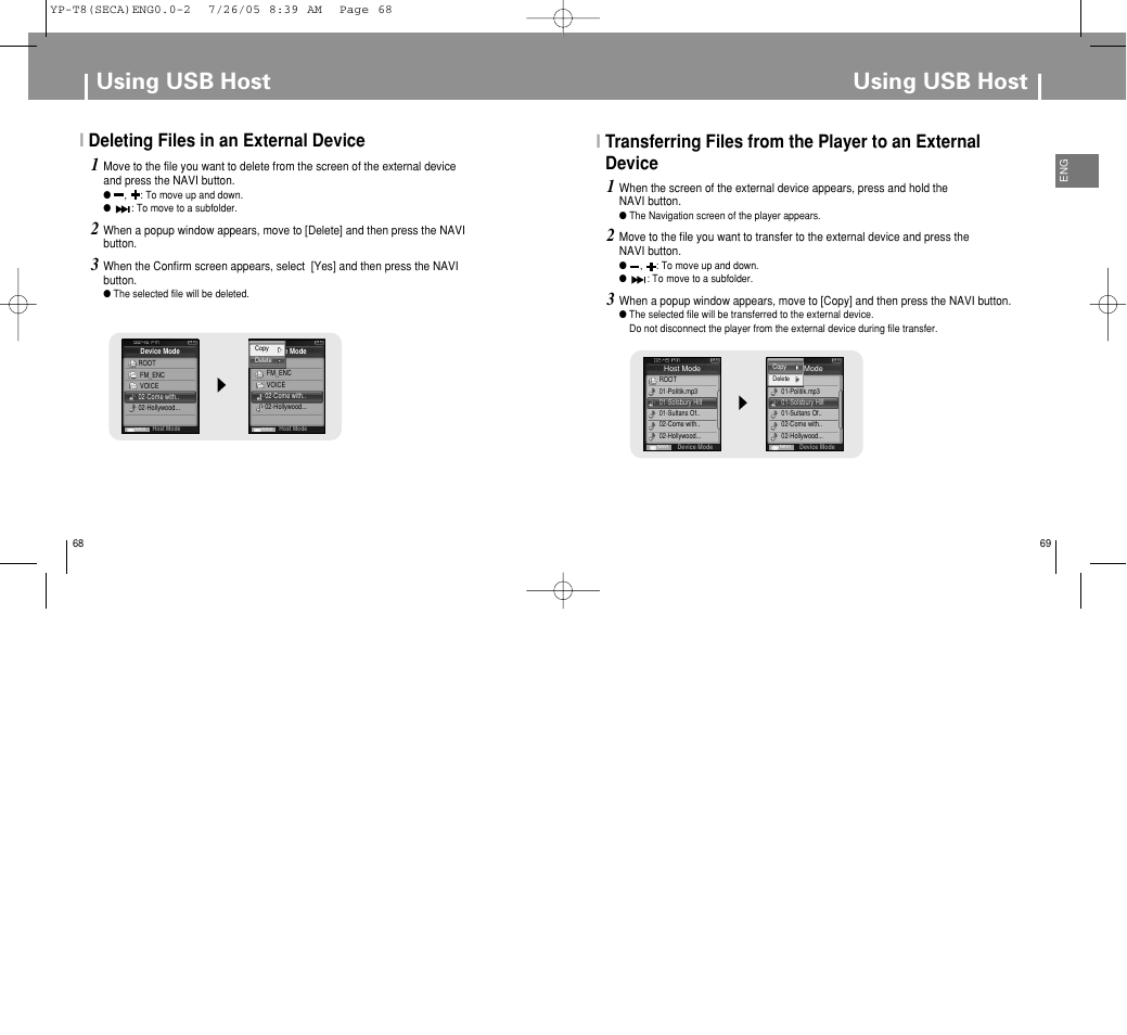 Using usb host, Ideleting files in an external device | Samsung YP-T8Z-XAA User Manual | Page 35 / 47