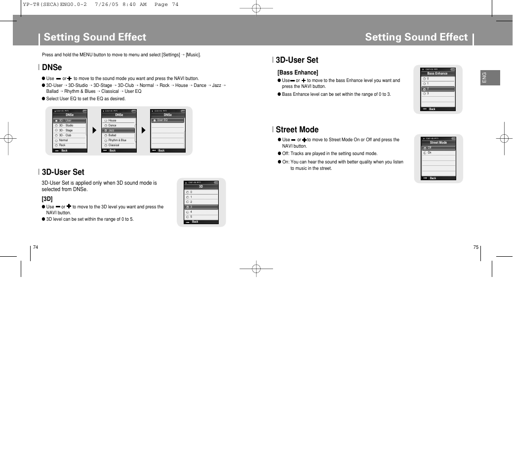Setting sound effect, I3d-user set, Istreet mode | Idnse | Samsung YP-T8Z-XAA User Manual | Page 38 / 47