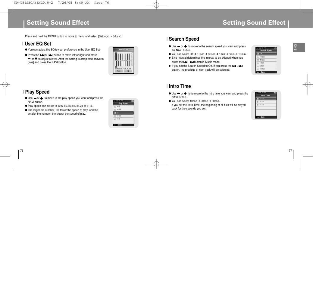 Setting sound effect, Isearch speed, Iintro time | Iplay speed, Iuser eq set | Samsung YP-T8Z-XAA User Manual | Page 39 / 47