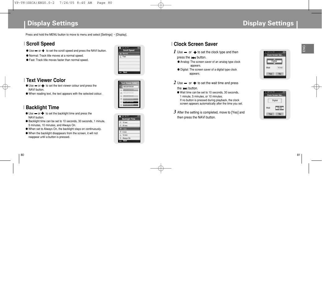 Display settings, Iclock screen saver 2, Iscroll speed i text viewer color | Ibacklight time | Samsung YP-T8Z-XAA User Manual | Page 41 / 47