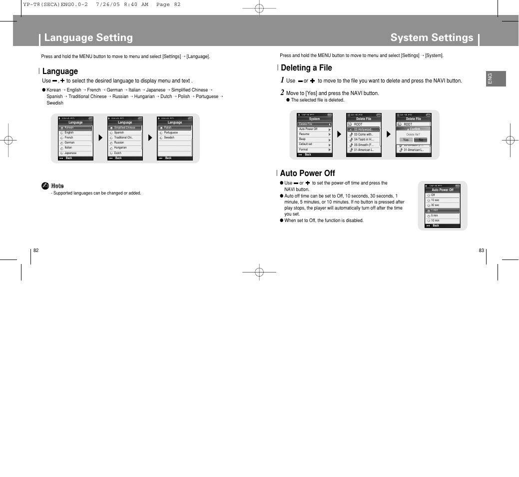 System settings, Language setting, Ideleting a file | Iauto power off, Ilanguage | Samsung YP-T8Z-XAA User Manual | Page 42 / 47