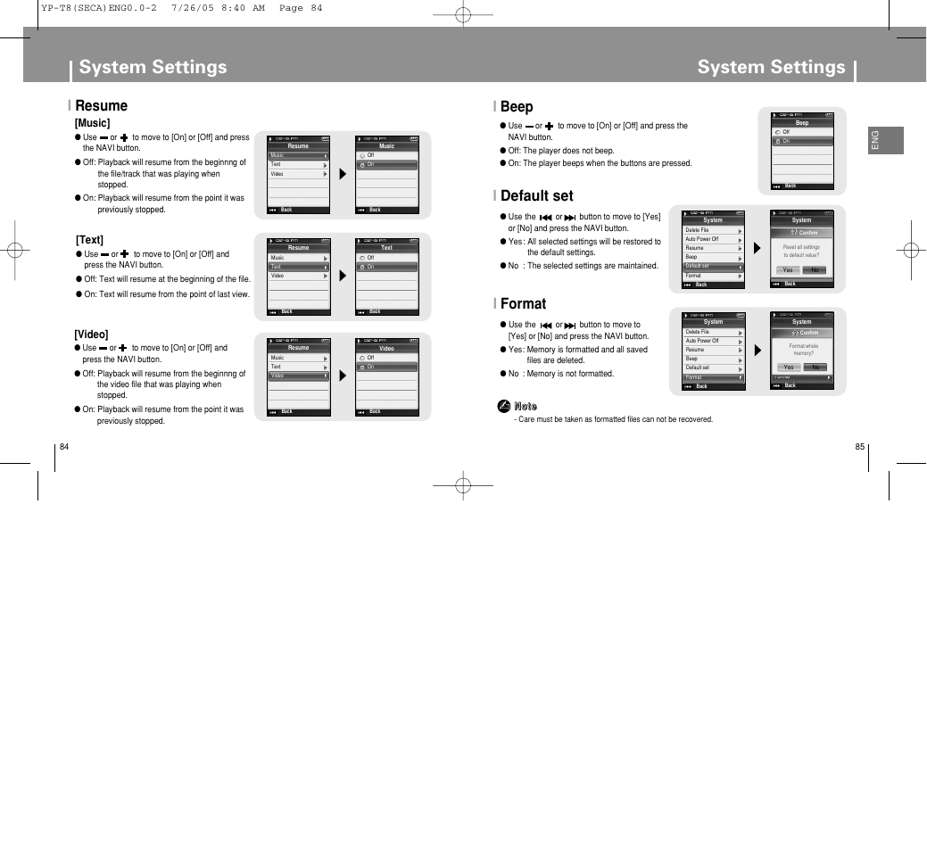 System settings, Ibeep, Idefault set | Iformat, Iresume, Music, Text, Video | Samsung YP-T8Z-XAA User Manual | Page 43 / 47