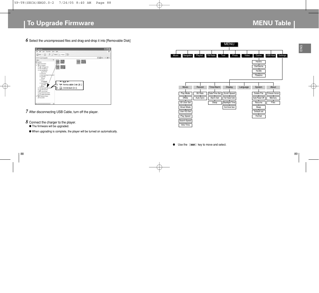 Menu table | Samsung YP-T8Z-XAA User Manual | Page 45 / 47