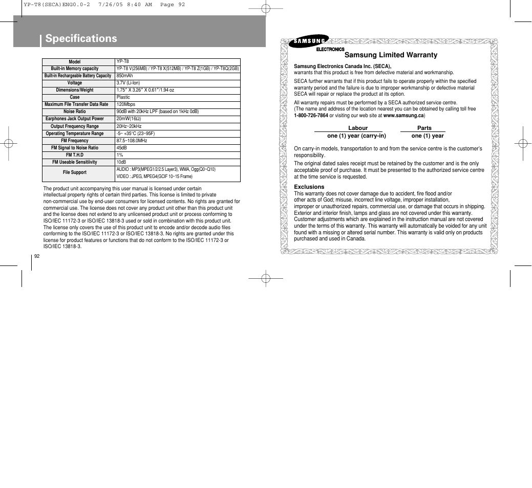 Specifications | Samsung YP-T8Z-XAA User Manual | Page 47 / 47