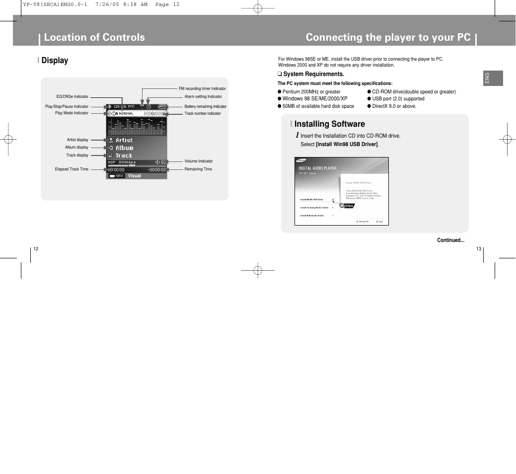 Connecting the player to your pc, Location of controls, Idisplay | Iinstalling software 1 | Samsung YP-T8Z-XAA User Manual | Page 7 / 47