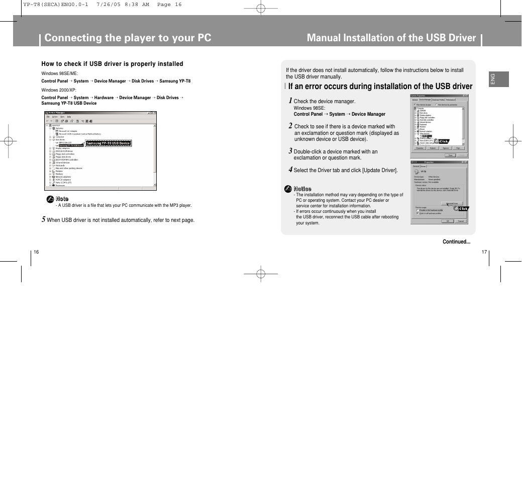 Manual installation of the usb driver, Connecting the player to your pc | Samsung YP-T8Z-XAA User Manual | Page 9 / 47