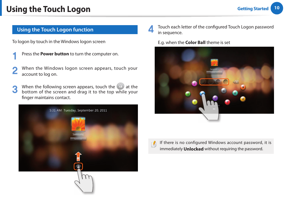 Using the touch logon | Samsung XE700T1A-A04US User Manual | Page 10 / 36