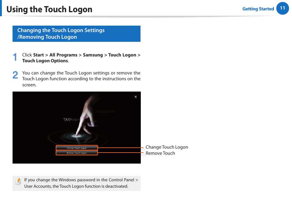 Using the touch logon | Samsung XE700T1A-A04US User Manual | Page 11 / 36