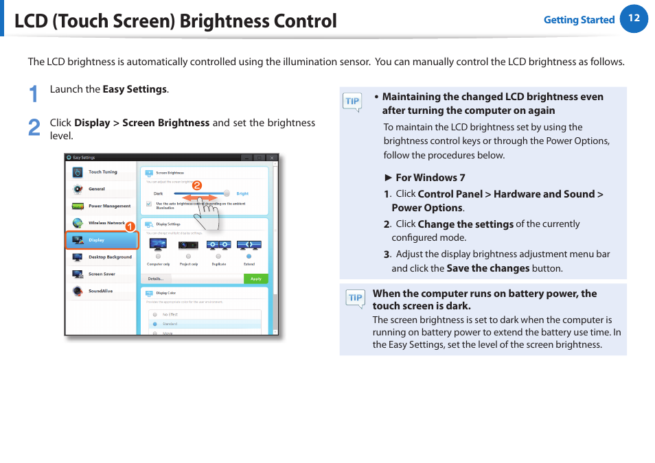 Lcd (touch screen) brightness control | Samsung XE700T1A-A04US User Manual | Page 12 / 36