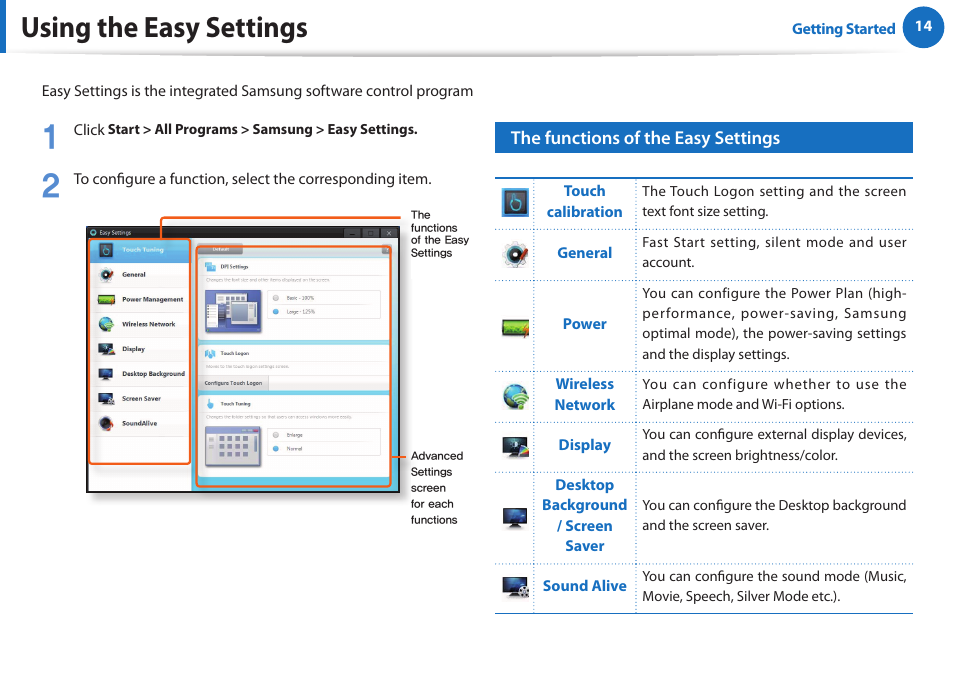 Using the easy settings | Samsung XE700T1A-A04US User Manual | Page 14 / 36