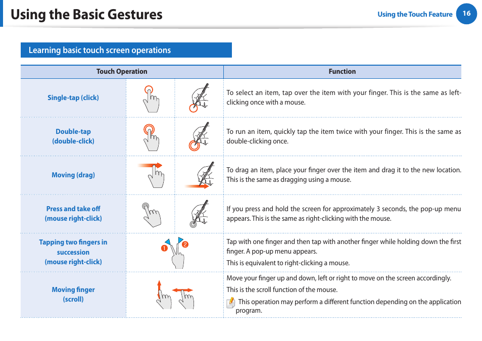 Using the basic gestures | Samsung XE700T1A-A04US User Manual | Page 16 / 36