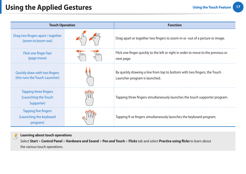 Using the applied gestures | Samsung XE700T1A-A04US User Manual | Page 17 / 36