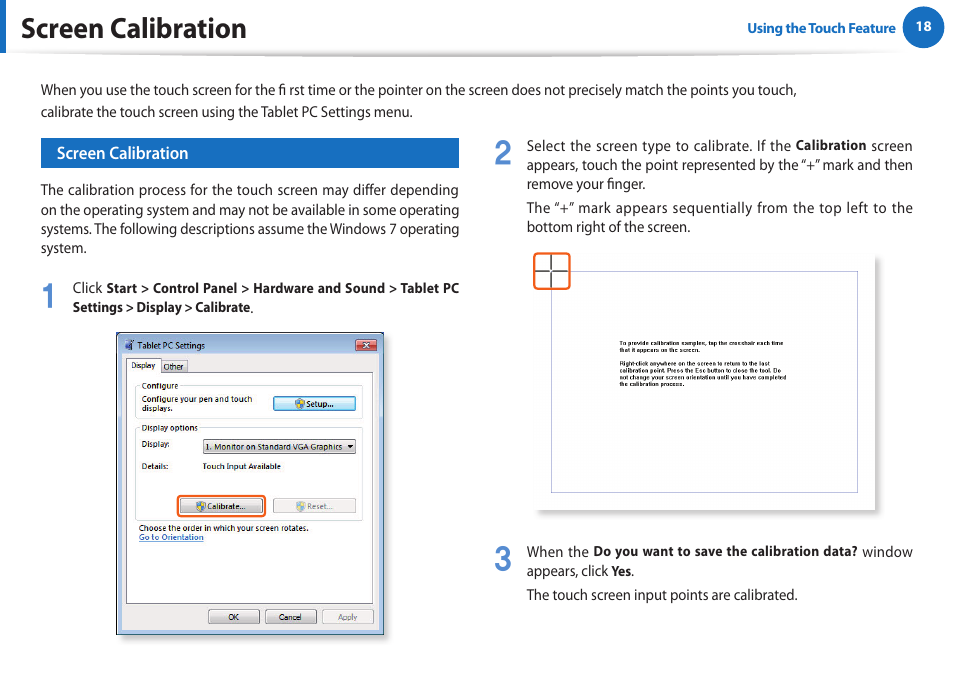 Screen calibration | Samsung XE700T1A-A04US User Manual | Page 18 / 36