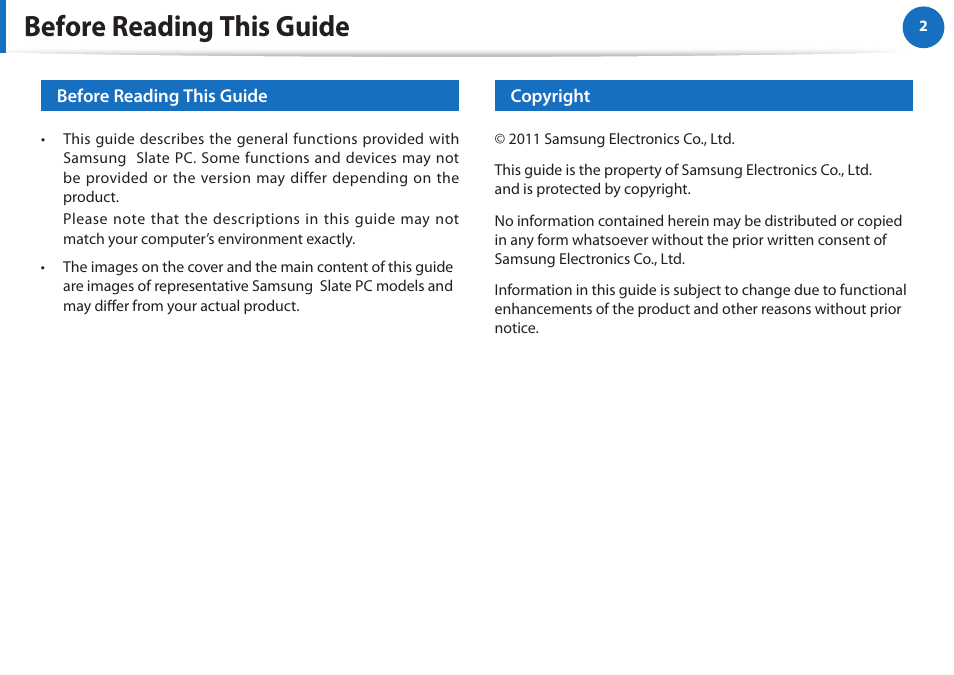 Before reading this guide | Samsung XE700T1A-A04US User Manual | Page 2 / 36