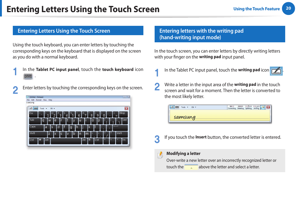 Entering letters using the touch screen | Samsung XE700T1A-A04US User Manual | Page 20 / 36