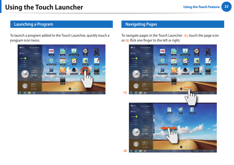 Using the touch launcher | Samsung XE700T1A-A04US User Manual | Page 22 / 36