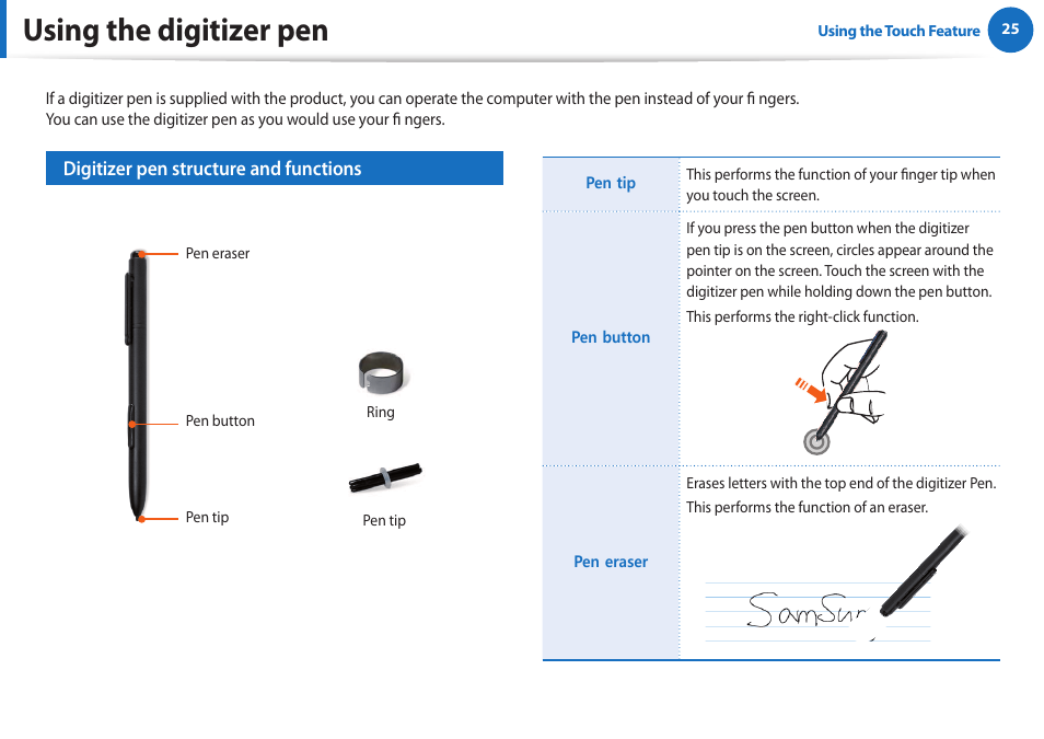 Using the digitizer pen | Samsung XE700T1A-A04US User Manual | Page 25 / 36