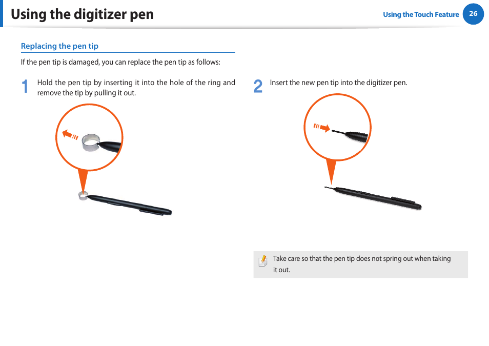Using the digitizer pen | Samsung XE700T1A-A04US User Manual | Page 26 / 36