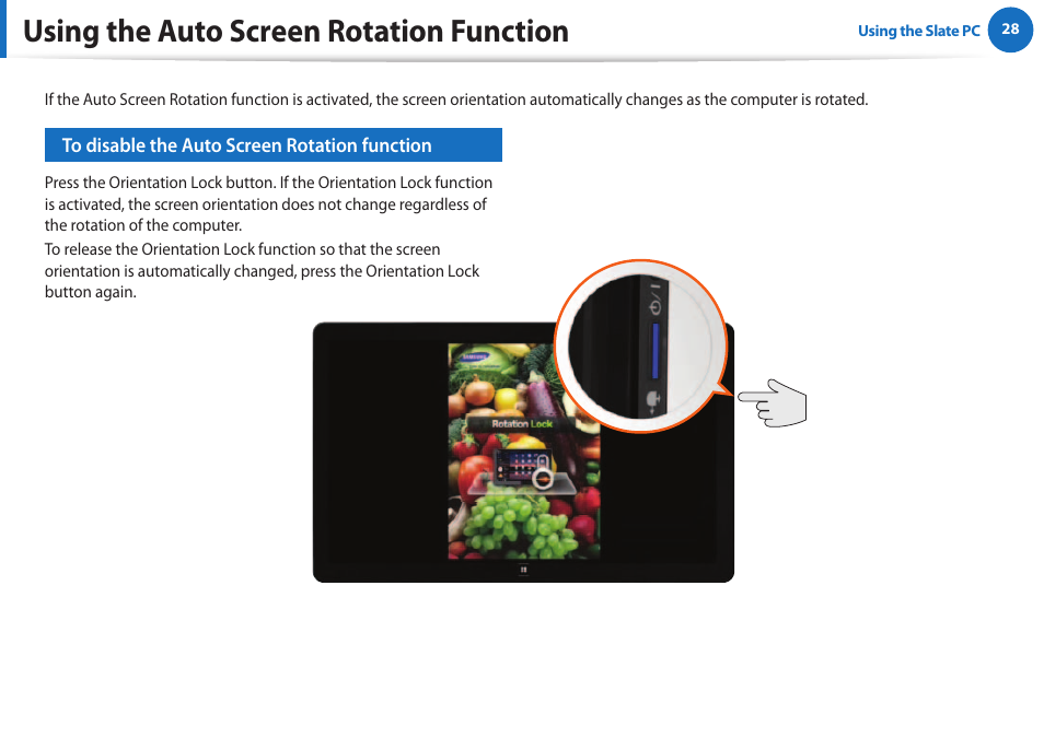 Using the auto screen rotation function | Samsung XE700T1A-A04US User Manual | Page 28 / 36