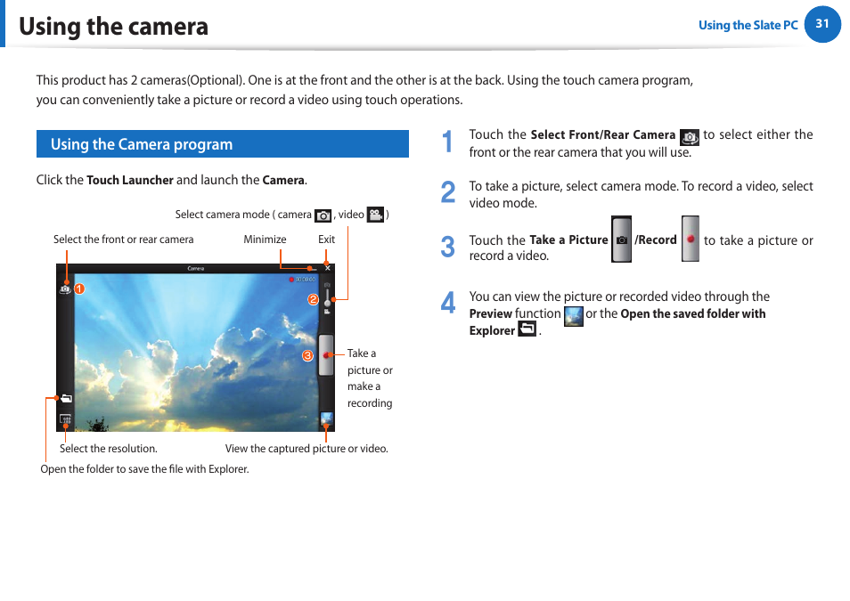 Using the camera | Samsung XE700T1A-A04US User Manual | Page 31 / 36