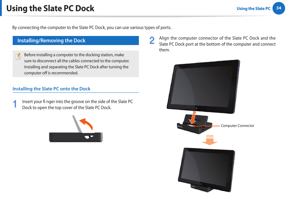 Using the slate pc dock | Samsung XE700T1A-A04US User Manual | Page 34 / 36