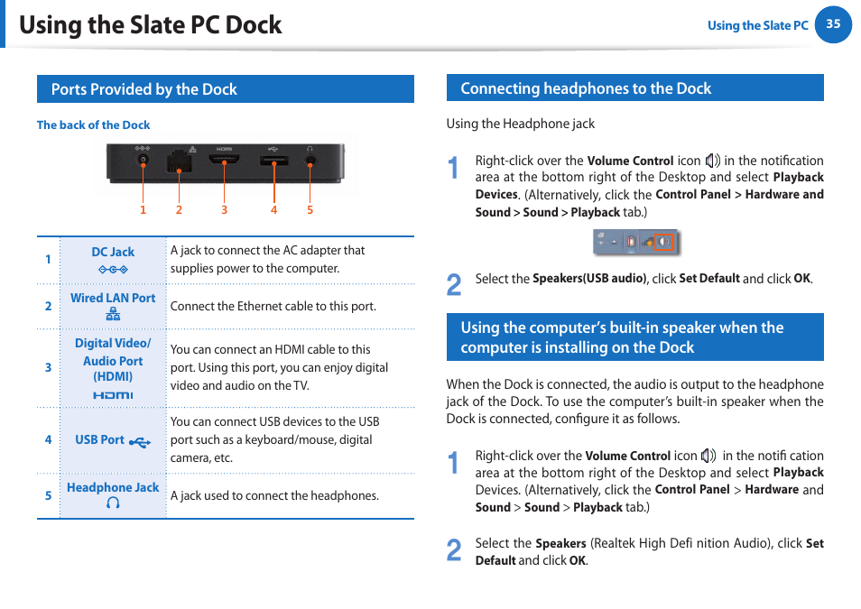 Using the slate pc dock | Samsung XE700T1A-A04US User Manual | Page 35 / 36