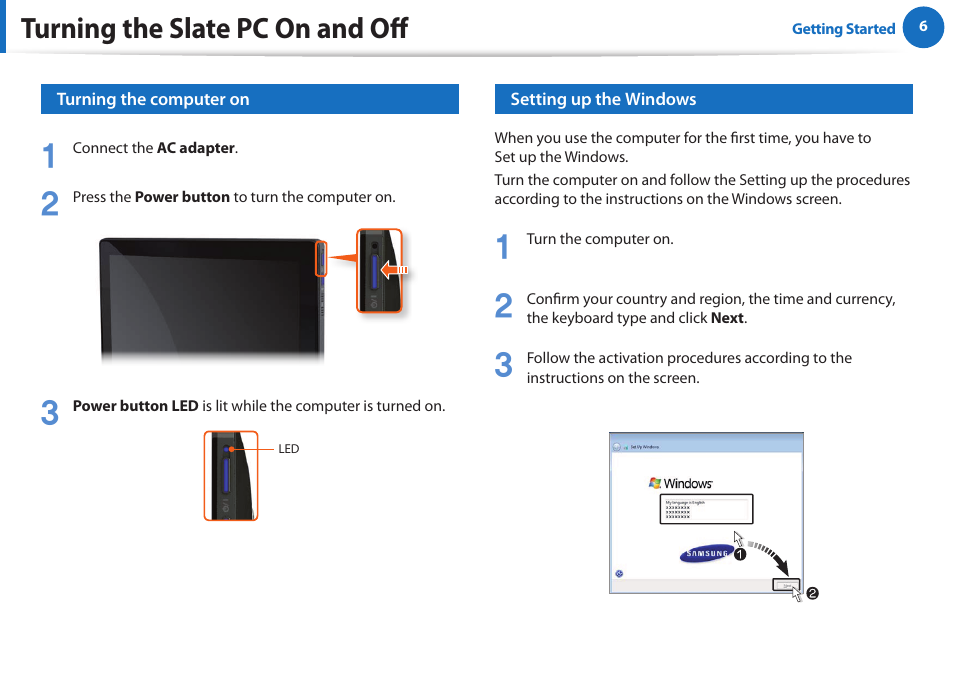 Turning the slate pc on and off | Samsung XE700T1A-A04US User Manual | Page 6 / 36