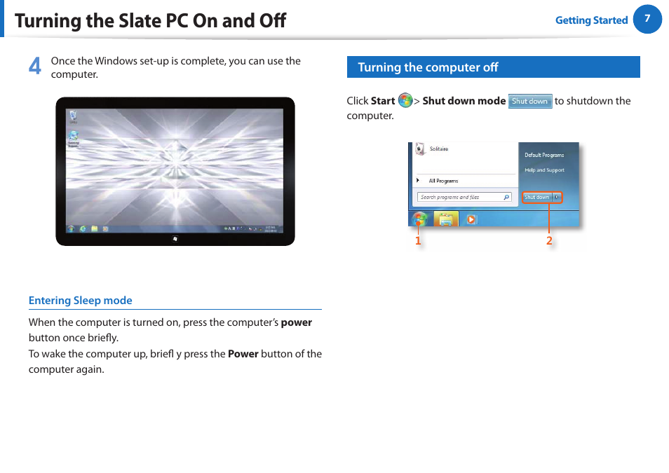 Turning the slate pc on and off | Samsung XE700T1A-A04US User Manual | Page 7 / 36