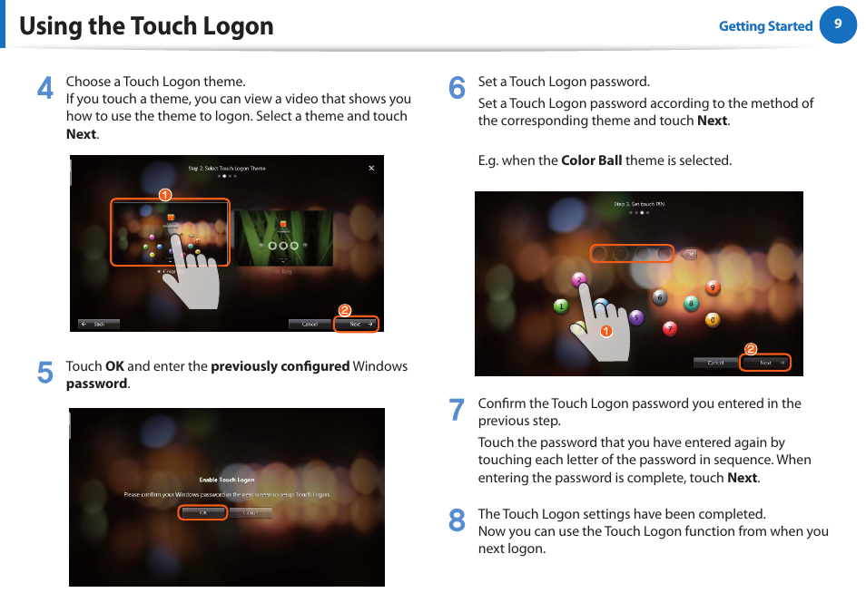 Using the touch logon | Samsung XE700T1A-A04US User Manual | Page 9 / 36