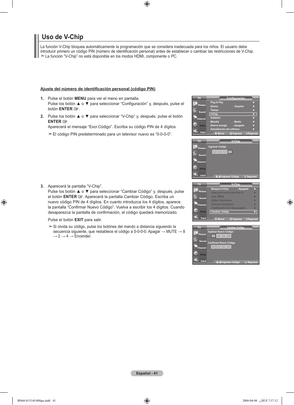Uso de v-chip | Samsung LN22A330J1DXZA User Manual | Page 101 / 117