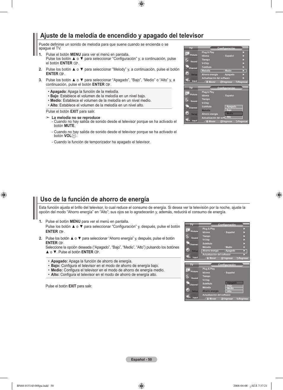Uso de la función de ahorro de energía | Samsung LN22A330J1DXZA User Manual | Page 110 / 117