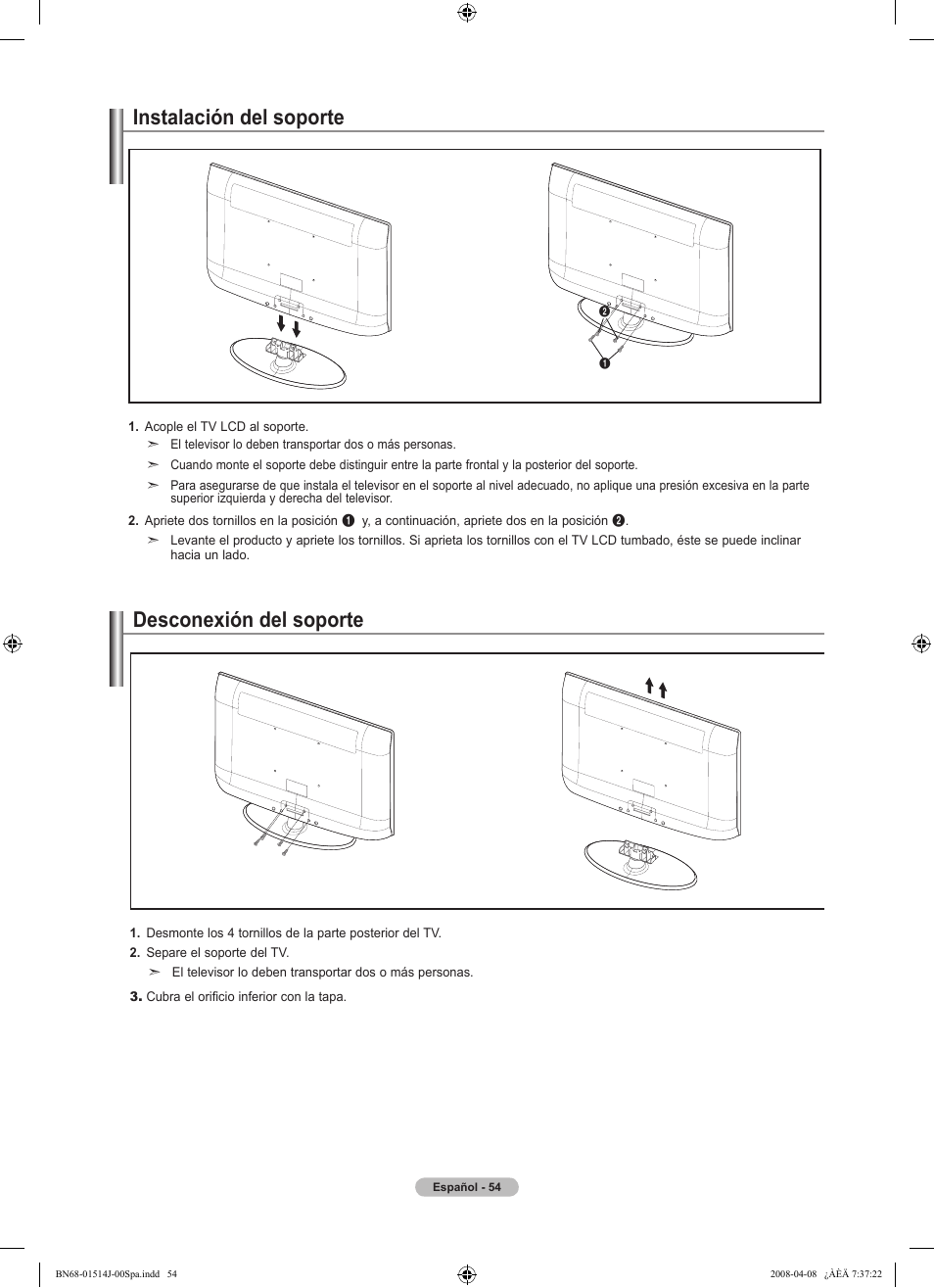 Instalación del soporte, Desconexión del soporte | Samsung LN22A330J1DXZA User Manual | Page 114 / 117