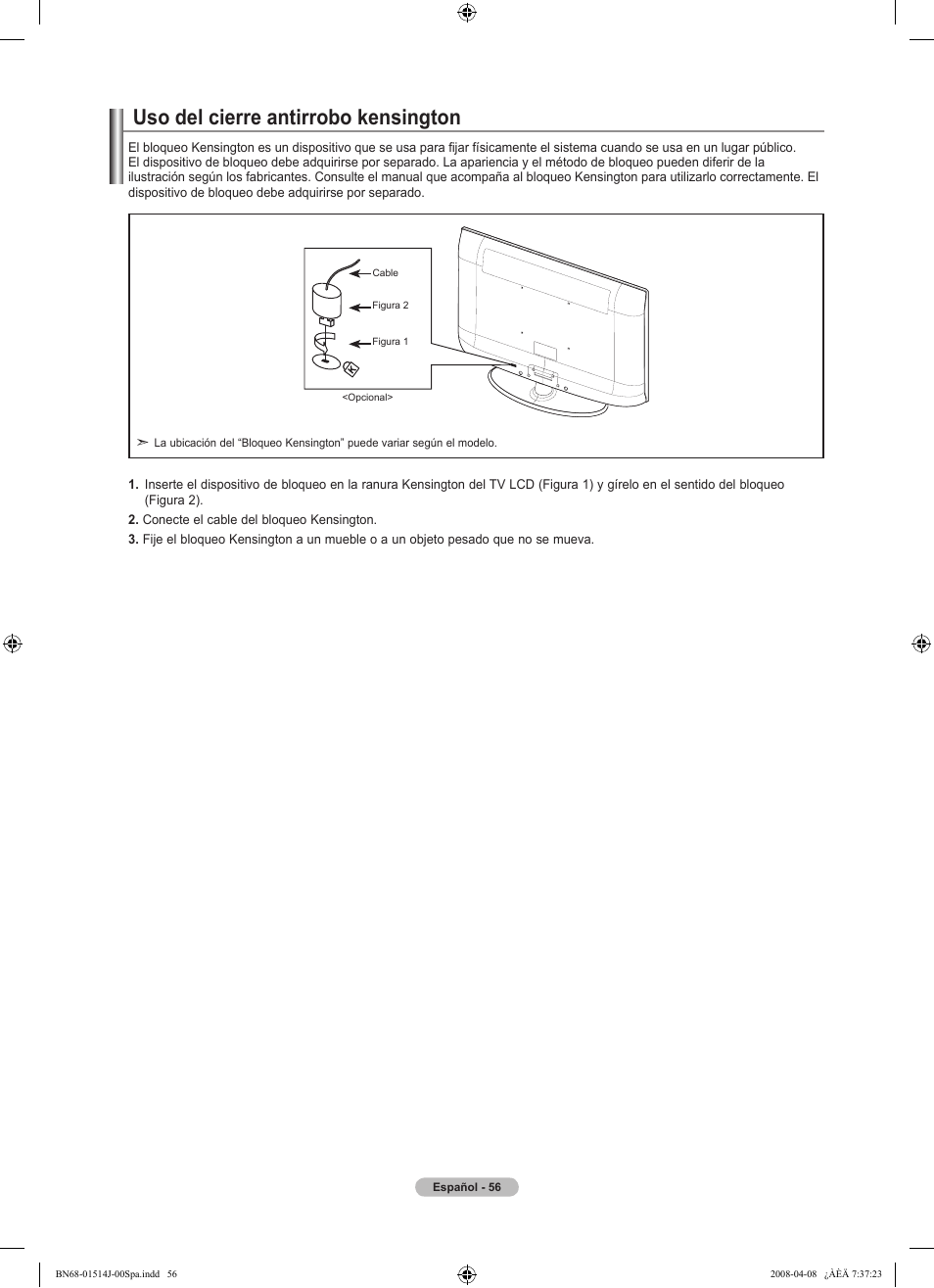 Uso del cierre antirrobo kensington | Samsung LN22A330J1DXZA User Manual | Page 116 / 117