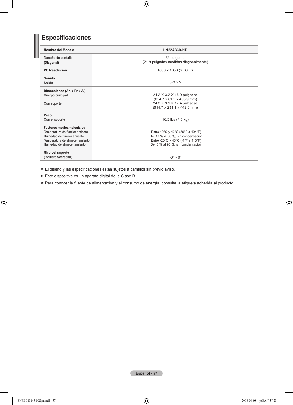 Especificaciones | Samsung LN22A330J1DXZA User Manual | Page 117 / 117