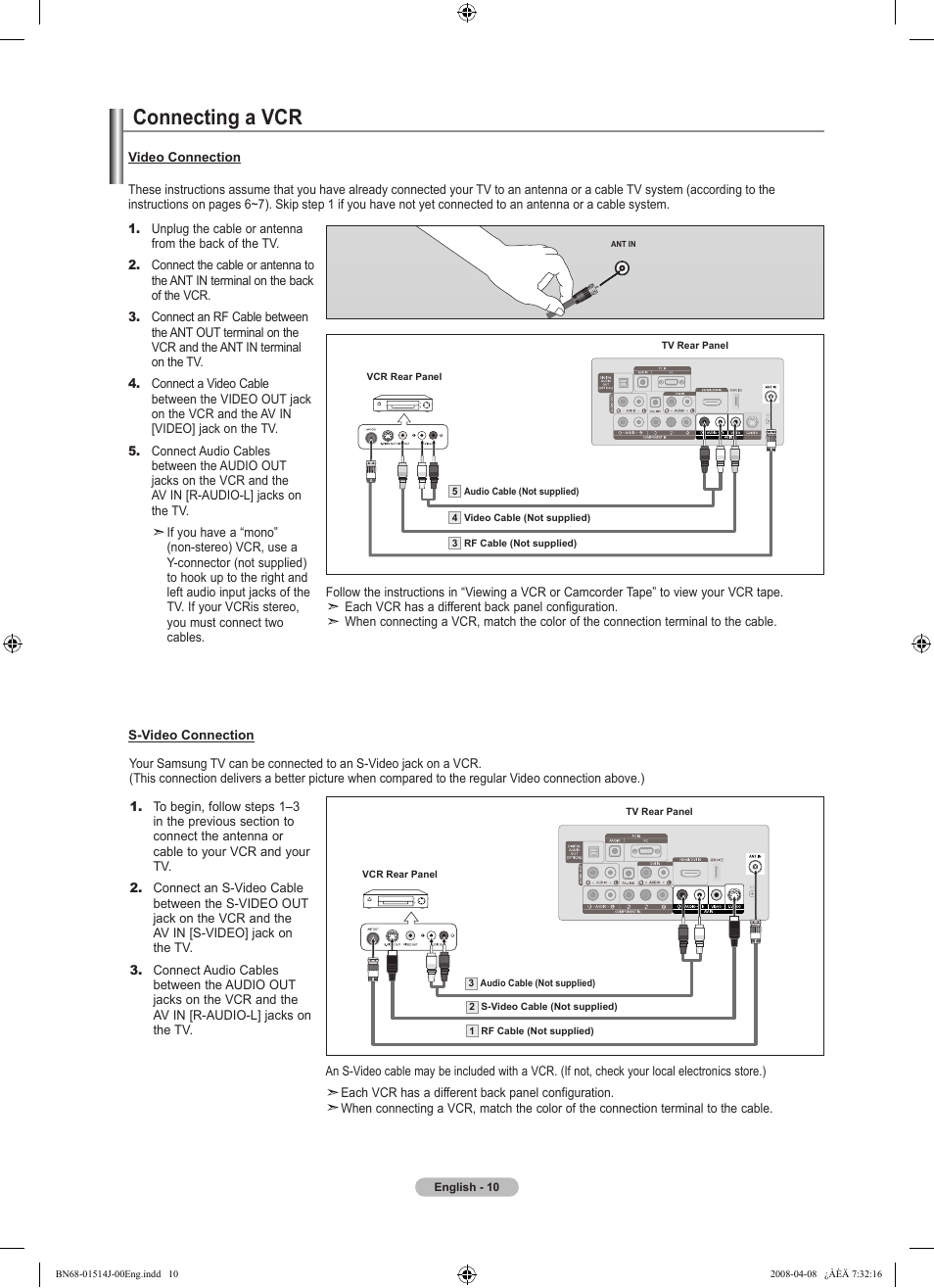 Connecting a vcr | Samsung LN22A330J1DXZA User Manual | Page 12 / 117