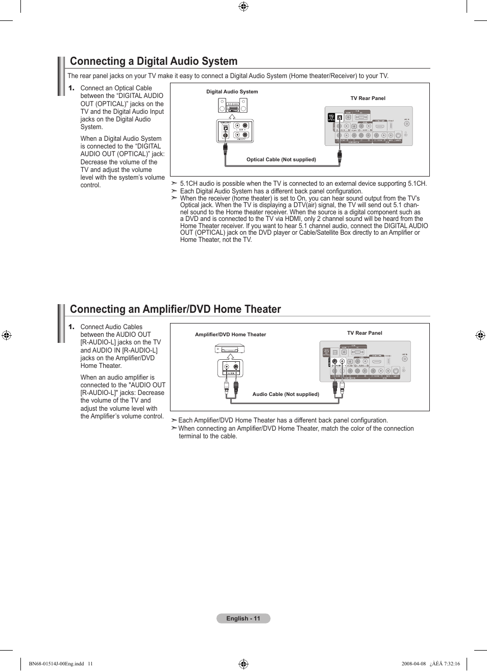 Connecting a digital audio system, Connecting an amplifier/dvd home theater | Samsung LN22A330J1DXZA User Manual | Page 13 / 117