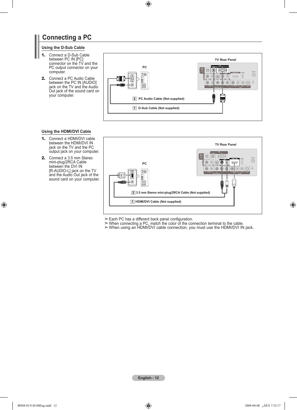 Connecting a pc | Samsung LN22A330J1DXZA User Manual | Page 14 / 117