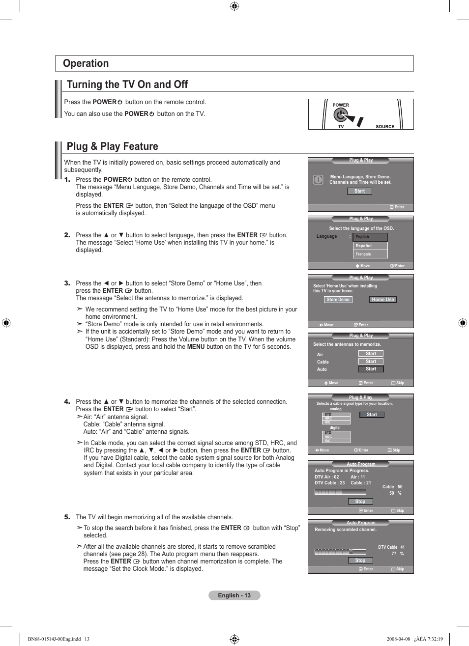 Operation, Turning the tv on and off, Plug & play feature | Samsung LN22A330J1DXZA User Manual | Page 15 / 117