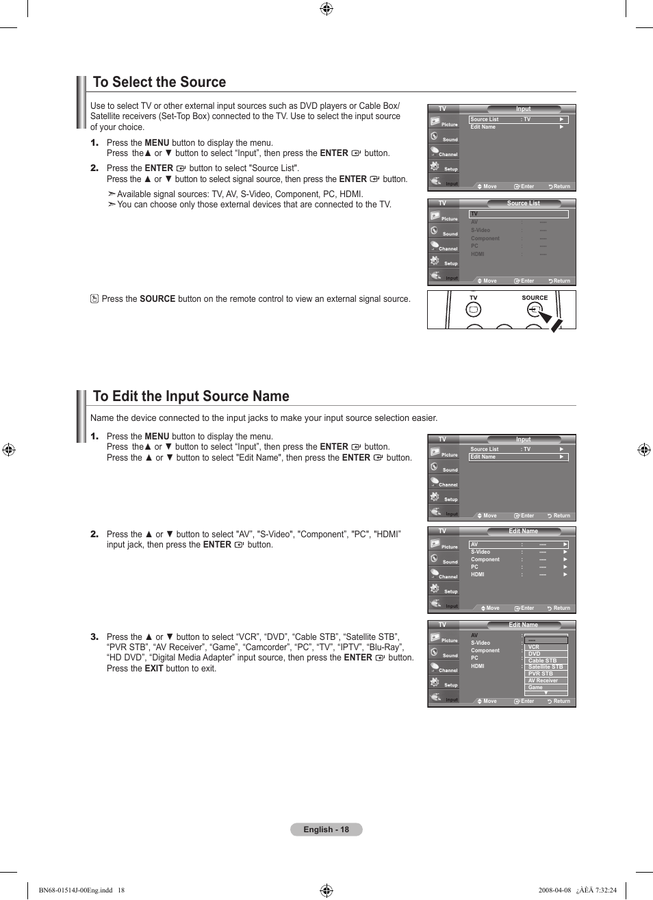 To select the source, To edit the input source name | Samsung LN22A330J1DXZA User Manual | Page 20 / 117