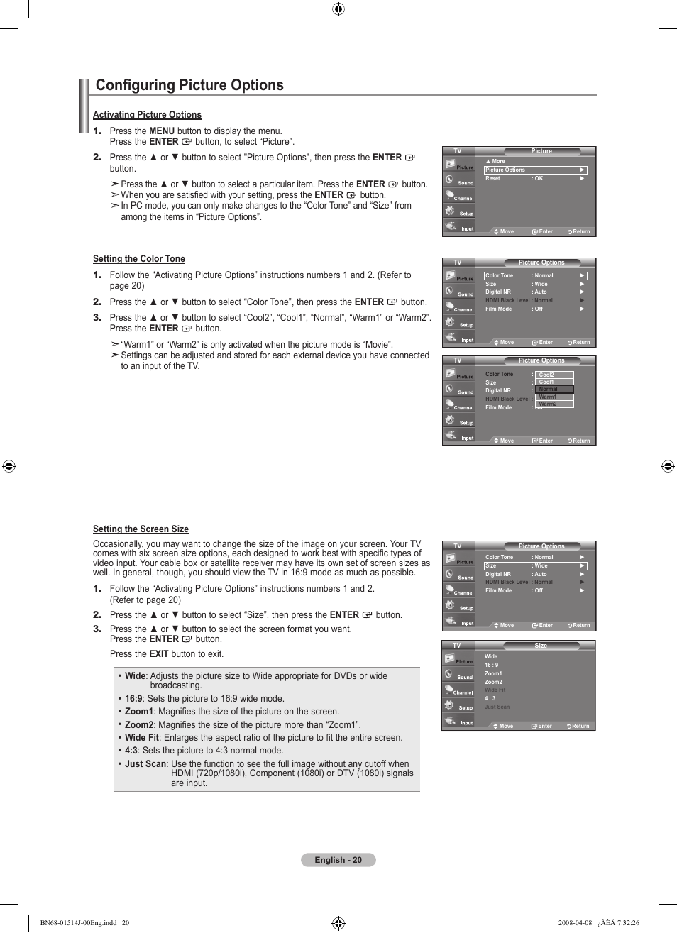 Configuring picture options | Samsung LN22A330J1DXZA User Manual | Page 22 / 117