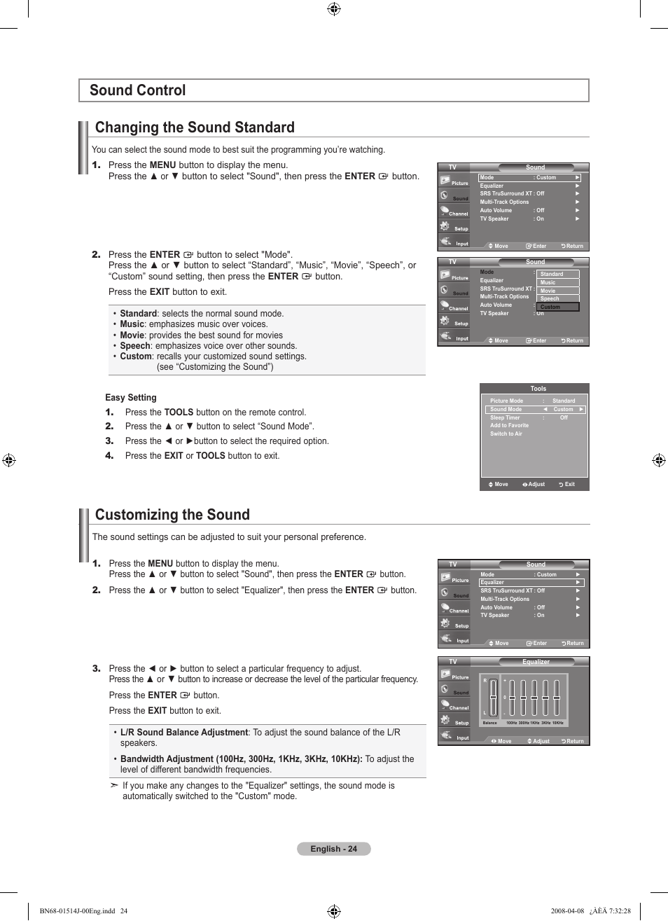 Sound control, Changing the sound standard, Customizing the sound | Samsung LN22A330J1DXZA User Manual | Page 26 / 117