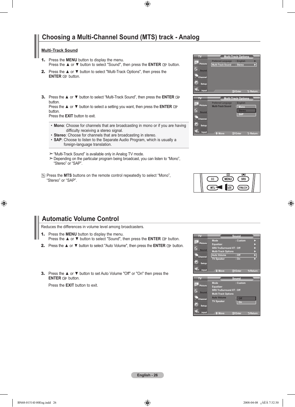 Automatic volume control | Samsung LN22A330J1DXZA User Manual | Page 28 / 117
