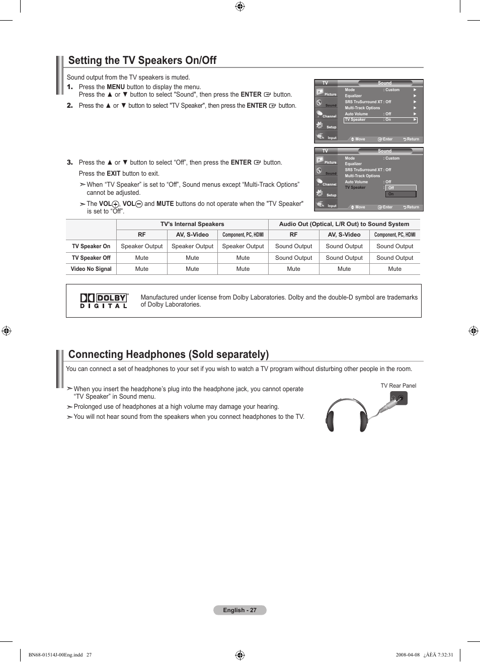 Setting the tv speakers on/off, Connecting headphones (sold separately) | Samsung LN22A330J1DXZA User Manual | Page 29 / 117
