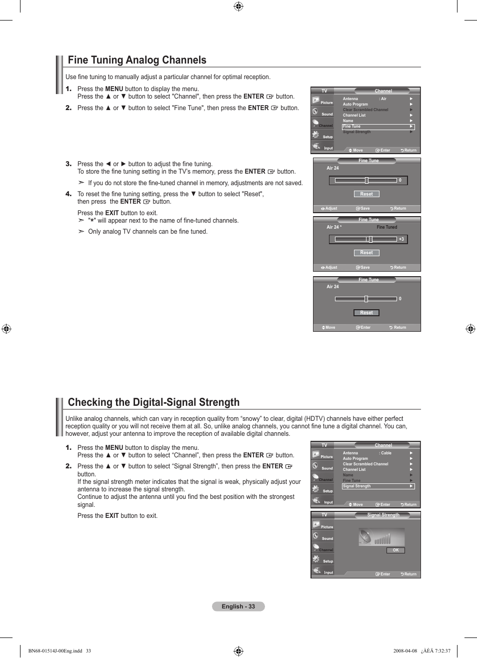 Fine tuning analog channels, Checking the digital-signal strength | Samsung LN22A330J1DXZA User Manual | Page 35 / 117