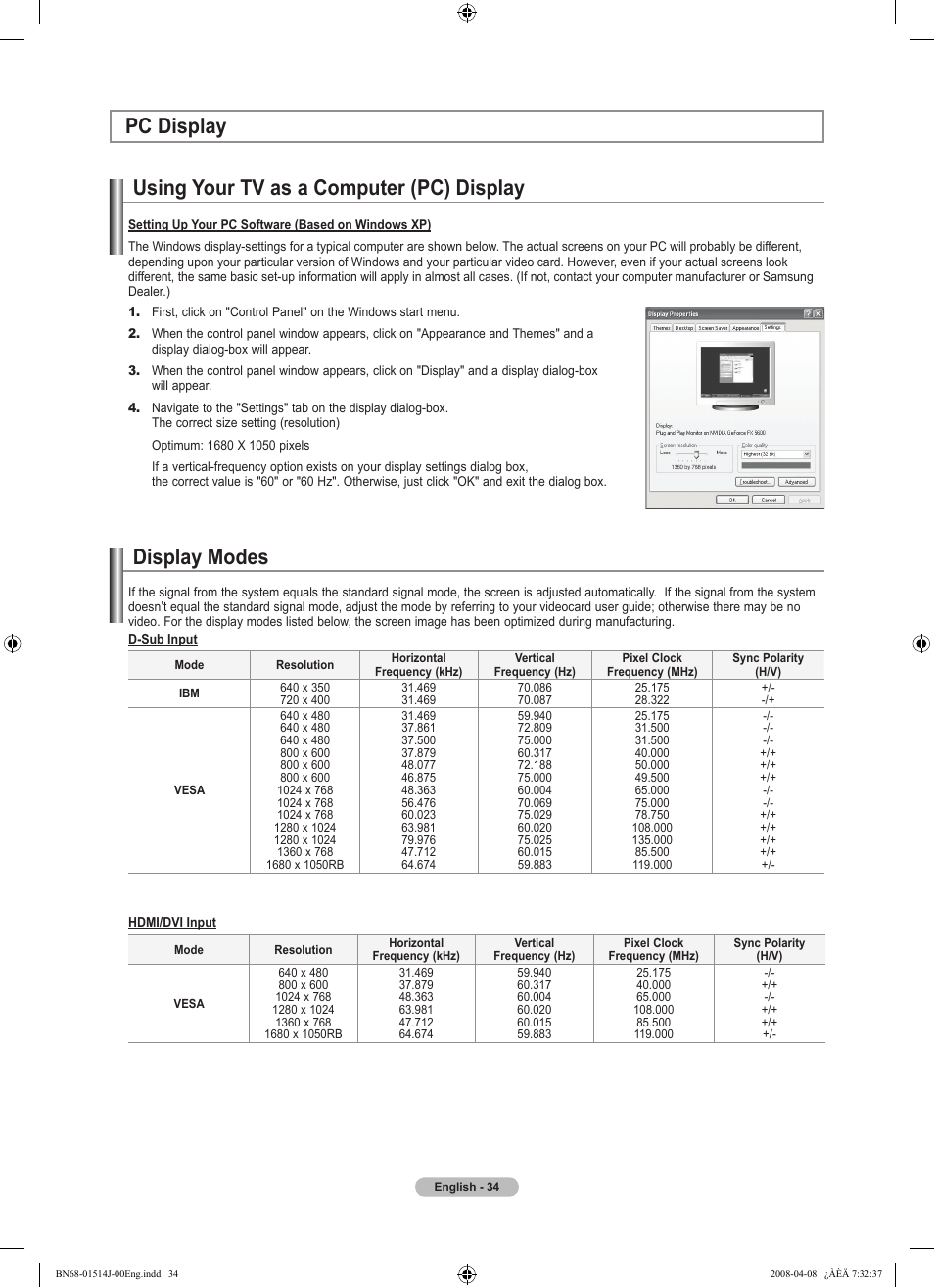 Pc display, Using your tv as a computer (pc) display, Display modes | Pc display display modes | Samsung LN22A330J1DXZA User Manual | Page 36 / 117